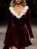 Burgundy A Line Long Sleeve White Ruffle Velvet Short Homecoming Dress Cocktail Dress HZ1023
