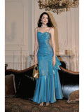 Gentle Mermaid Spaghetti Straps Tiered Pleated Blue Satin Evening Dress Party Dress HZ1023