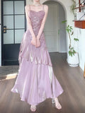 Gentle Mermaid Spaghetti Straps Tiered Pleated Purple Satin Evening Dress Party Dress HZ1023