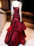 Gentle Mermaid Spaghetti Straps Tiered Pleated Burgundy Satin Evening Dress Party Dress HZ1023
