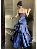 Gentle Mermaid Spaghetti Straps Tiered Pleated Dark Blue Satin Evening Dress Party Dress HZ1023