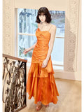 Gentle Mermaid Spaghetti Straps Tiered Pleated Orange Satin Evening Dress Party Dress HZ1023