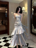 Gentle Mermaid Spaghetti Straps Tiered Pleated Gray Satin Evening Dress Party Dress HZ1023