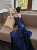 Gentle Mermaid Spaghetti Straps Tiered Pleated Dark Blue Satin Evening Dress Party Dress HZ1023