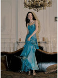 Gentle Mermaid Spaghetti Straps Tiered Pleated Blue Satin Evening Dress Party Dress HZ1023