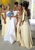 Cute A Line Spaghetti Strap Yellow Satin Evening Dress Bridesmaid Dress with Slit HZ1023