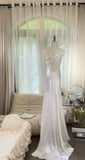 Elegant Mermaid Strap Beaded White Satin Long Prom Dress Graduation Prom Dress HZ1023