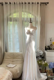 Elegant Mermaid Strap Beaded White Satin Long Prom Dress Graduation Prom Dress HZ1023