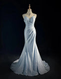 Gentle Mermaid Spaghetti Straps Appliques Blue Satin Long Party Dress Evening Dress HZ1023