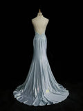 Gentle Mermaid Spaghetti Straps Appliques Blue Satin Long Party Dress Evening Dress HZ1023