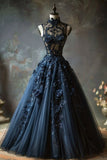Elegant A Line High Neck Appliques Navy Blue Tulle Prom Dress Evening Dress HZ1023