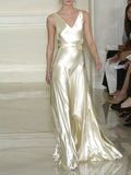 Elegant A Line V Neck Light Champagne Satin Long Prom Dress Evening Dress HZ1023