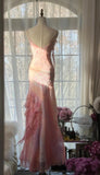 Fairytale Pink Mermaid Spaghetti Strap Beaded Ruffle Chiffon Prom Dress HZ1023