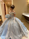 Blue Ball Gown Off the Shoulder Beaded Sequin Sweet 16 Dress Quinceanera Dress HZ1023