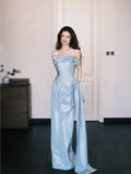 Elegangt Blue A Line Strapless Pleated Bow Satin Prom Dress Party Dresses HZ1023