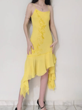 Cute Sheath Spaghetti Strap Beaded Yellow Ruffle Chiffon Prom Dress Graduation Prom Dress HZ1023