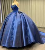 Pretty Ball Gown Sweetheart Neck Sequin Appliques Dark Blue Satin Sweet 16 Dress, Quinceanera Dress HZ1023