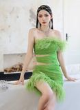 Green Feahter Sexy Sheath One Shoulder Pleated Satin Outfit Party Dress Homecoming Dress HZ1023