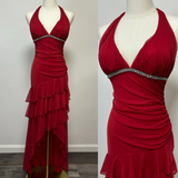 Burgundy Mermaid V Neck Rhinestone Ruffles Tulle Prom Dress Evening Dress HZ1023