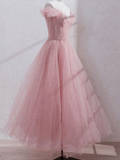 Cute Pink Princess Tulle Sequin Prom Dress Off The Shoulder Evening Dress HZ1023