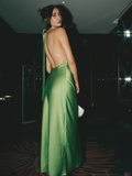 Charming A Line Halter Green Satin Long Open Back Prom Dress Evening Dress HZ1023
