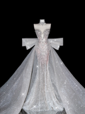 Exquisite Dreamy Mermaid Beaded Pearl Sequin White Tulle Prom Dress Party Dress with Slit HZ1023
