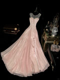 Classy A Line Round Neck Pink Tulle Satin Prom Dress Evening Dress HZ1023
