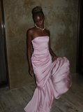 Pink Mermaid Strapless Pleated Satin Long Wedding Guest Dress Party Dress HZ1023