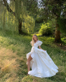 Cute A Line Puff Sleeves White Satin Long Prom Dress Birthday Dress with Slit HZ1023