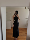 Elegant Simple Black Mermaid Halter Satin Evening Dress Party Dress Formal Dress HZ1023