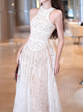 Elegant White A Line Round Neck Lace Long Prom Dress Evening Dress HZ1023
