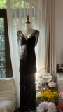 Charming Sheath V Neck Layered Beaded Black Chiffon Party Dress Evening Dress HZ1023