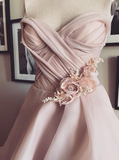 Gentle A Line Sweetheart Neck Flower Tiered Pink Tulle Long Party Dress Evening Dress HZ1023