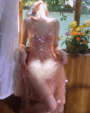 Dreamy Pink A Line V Neck Sequin Tulle Open Back Prom Dress Party Dress HZ1023