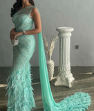 Luxurious Sheath One Shoulder Beaded Feather Long Prom Dress Evening Dress HZ1023