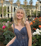 Blue Tulle Applique Long Evening Dress Formal Prom Dress HZ1023