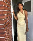 Charming Sheath Halter Light Yellow Satin Long Prom Dress Evening Dress HZ1023