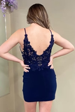 Navy Blue Appliques Sheath Straps V Neck Homecoming Dress,Elegant Prom Dress HZ1023
