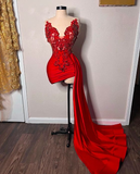 Red Beaded Appliques With Train Prom Dresses£¬Sweetheart Mini Cocktail Evening Dress HZ1023