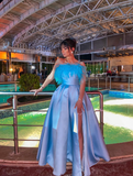 Blue A Line Strapless Feather Satin Prom Dress Evening Dress with Slit HZ1023