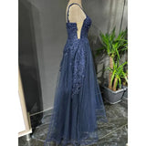 Blue Tulle Applique Long Evening Dress Formal Prom Dress HZ1023