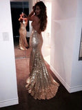Golden Mermaid Spaghetti Strap Sequin Open Back Long Party Dress Evening Dress HZ1023