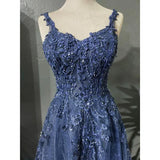 Blue Tulle Applique Long Evening Dress Formal Prom Dress HZ1023