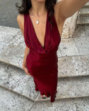 Elegant Sheath V Neck Burgundy Satin Open Back Long Prom Dress Graduation Prom Dress HZ1023