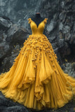 Stunning A Line V Neck Yellow Flower Tulle Long Prom Dress Evening Dress HZ1023