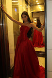 Charming A Line Strapless Red Satin Long Prom Dress Evening Dress HZ1023
