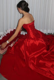Charming A Line Strapless Red Satin Long Prom Dress Evening Dress HZ1023
