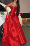 Charming A Line Strapless Red Satin Long Prom Dress Evening Dress HZ1023
