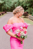 Elegant Mermaid Off-the-shoulder Hot Pink Satin Prom Dresses HZ1023