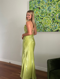 Simple Sheath Spaghetti Strap Green Satin Long Prom Dress Graduation Prom Dress HZ1023